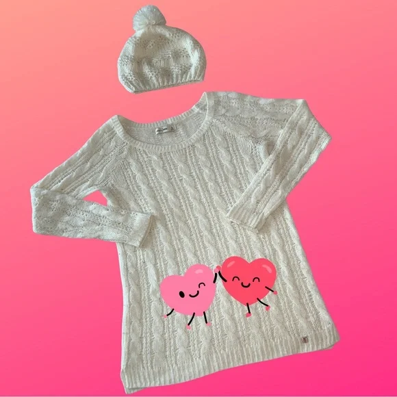 Abercrombie & Fitch White Cable Knit Sweater Jessica Simpson Pom Pom Beanie Set - Picture 7 of 7